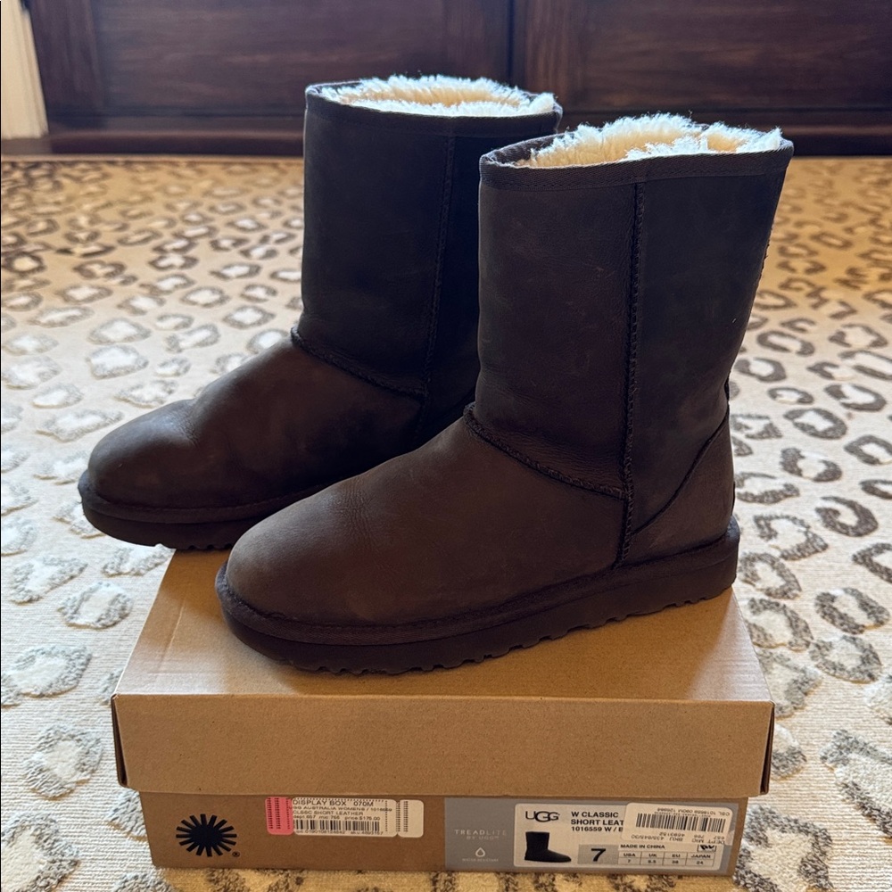 UGG Classic Short Dark Brown Leather Boots with Shearling Lining